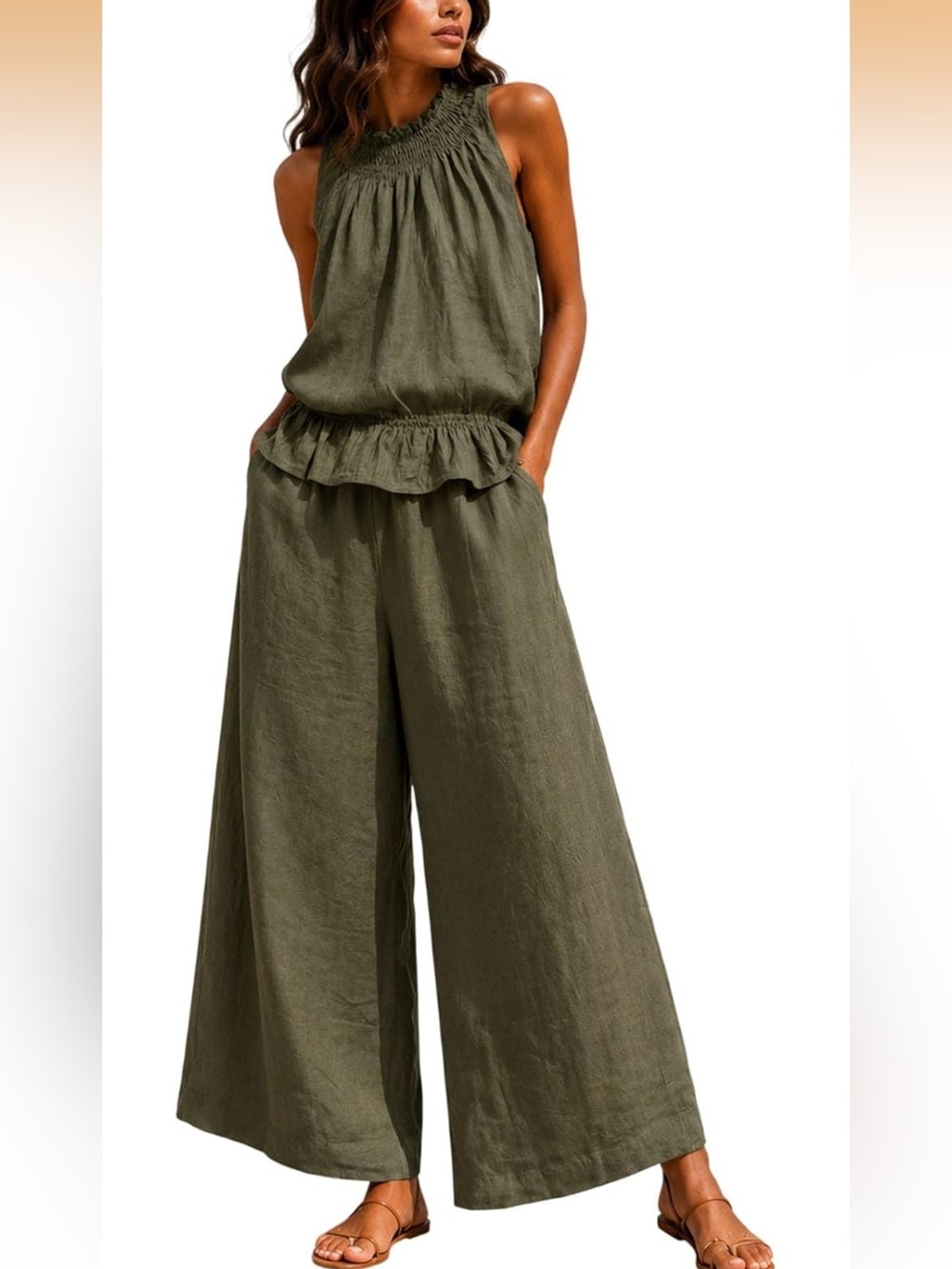 Amazon Wide-Leg Linen Jumpsuit in Olive Green
